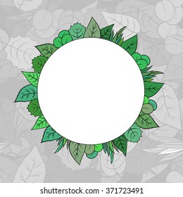 Round hand drawn green leafs frame. Nature round background for text.