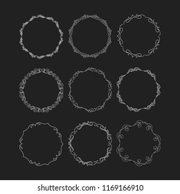 Round hand drawn vintage frames set, vector isolated design elements.