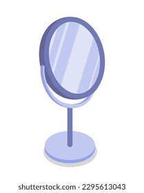 Round hand mirror concept. Cosmetic equipment for makeup in metal frame. Look into reflection. Sticker for social networks and messengers. Cartoon isometric vector illustration