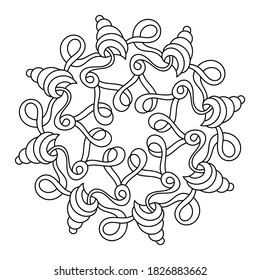 Round hand-drawn decorative element. Mandala with seashells and swirls. Decor or coloring book for children and adults. Vector illustration.