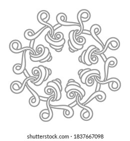 Round hand-drawn decorative element. Mandala with seashells and swirls. Decor or coloring book for children and adults. Vector illustration