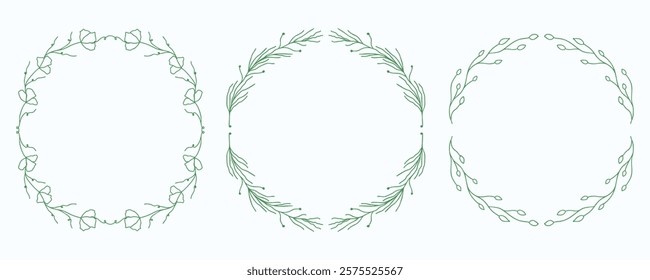 Round hand-drawn floral frames with subtle branches and leaves. Delicate vector frames for wedding invitations, nature-inspired designs, greeting cards, scrapbooking, etc.