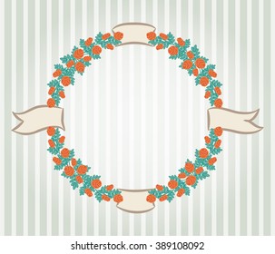 Round hand-drawn roses' frame on the striped background