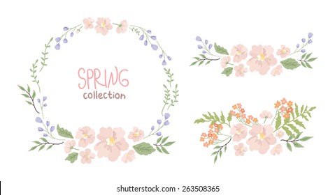 Round handdrawn wreath. Floral decorative frame and floral design elements. Collection of clip art vector bouquets. Perfect for wedding invitations and birthday cards