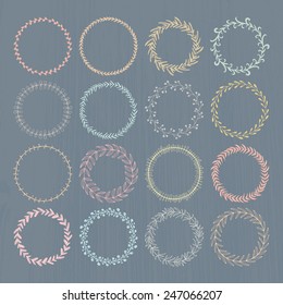 Round handdrawn wreaths on texturized vintage background. Collection of clip art vector bouquets. Romantic wreath with copyspace for your text.  