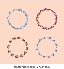 Round handdrawn wreaths on texturized vintage background. Collection of clip art vector bouquets. Romantic watercolor  wreath with copyspace for your text.