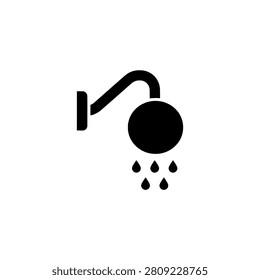 Round handheld shower head with hose and water drops, solid black silhouette vector illustration