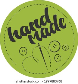 round HANDMADE logo or label with needle and heart shaped thread, vector illustration