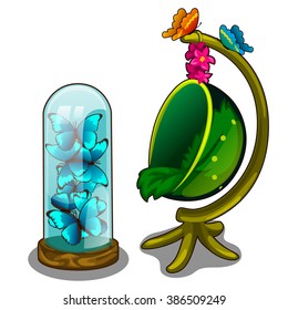 Round hanging chair and a glass dome with blue butterflies isolated on white background. Vector cartoon close-up illustration.