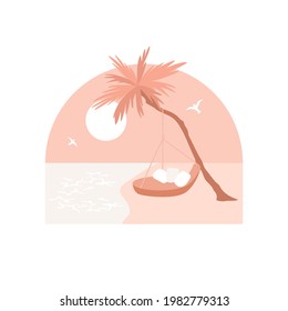 Round hanging chair under the palm on the beach. Pink pastel landscape with sunset. Perfect Luxury Vacation, tranquil place for honeymoon. Tropical, exotic paradise landscape. Bed on seaside.