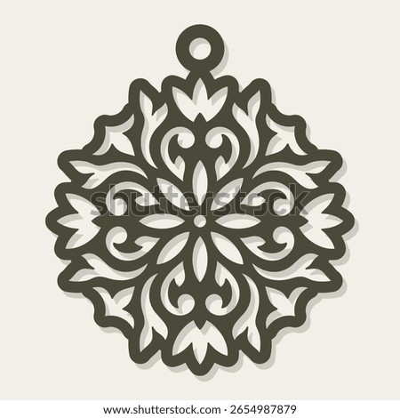 Round hanging decoration with plant pattern. Christmas ball, pendant with carved classic ornament, leaves, abstract flowers. Template for plotter laser cutting of paper, carving, engraving, cnc.