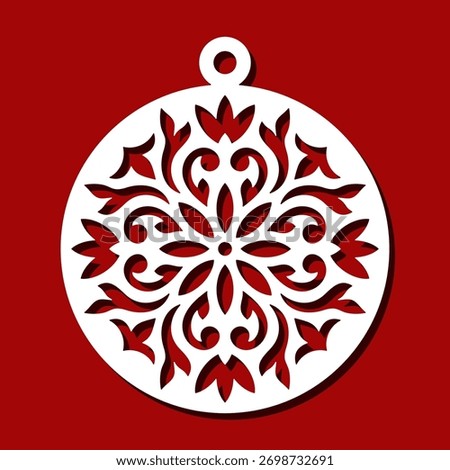 Round hanging decoration with plant pattern. Christmas ball, pendant with carved classic ornament, leaves, abstract flowers. Template for plotter laser cutting of paper, carving, engraving, cnc.