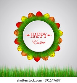 Round happy Easter card, decorated with colorful eggs in grass on white background. Vector illustration.