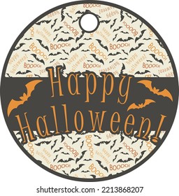 Round Happy Halloween Party Gift Tag With Orange Bats And A Beige Seamles Pattern Background