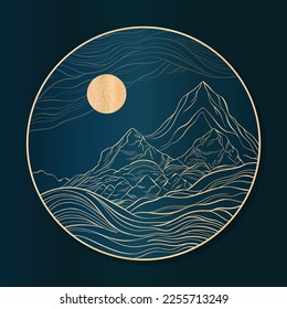 Round harmonious design with mountains and moon. Night landscape in gold and blue colors. Luxury design with elegant smooth lines. Vector illustration.