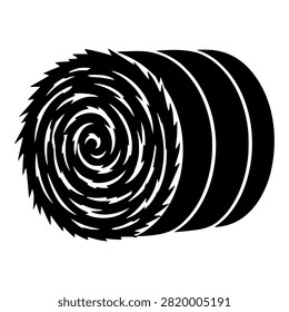 Round hay bale silhouette with spiral straw texture, black vector for Farming, Harvest and Rustic Country Projects