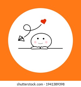 Round head cartoon sitting looking at the heart passing by the paper rocket