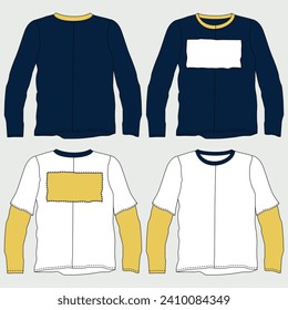 Round head Long sleeve Soft shirts overall fashion Flat outlines technical drawing vector model for men. Clothing design mock up CAD illustration. Sweater fashion design isolated on white.
