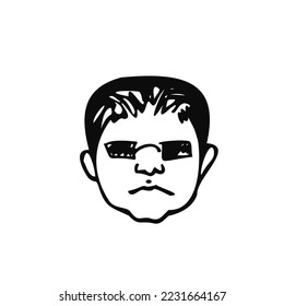 round head of a man with glasses in doodle style - hand drawn vector drawing. concept bandit face