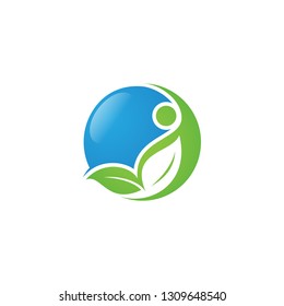 Round health human vector logo concept illustration with leaf and people. Human character logo sign. 