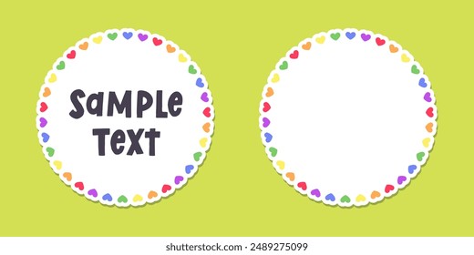 Round heart rainbow frame border. Valentines Day, Pride month flag concept. Vector flat illustration.