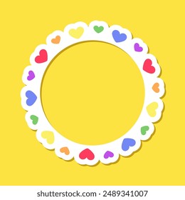 Round heart rainbow frame. Border template with copy space. Pride month flag concept. Vector flat illustration.