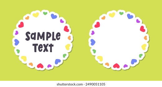 Round heart rainbow frame border. Valentines Day, Pride month flag concept. Vector flat illustration.