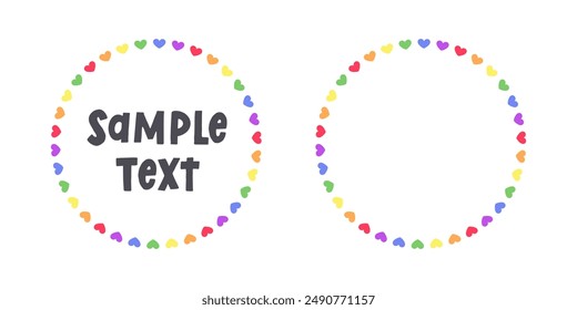 Round heart rainbow frame border. Valentines Day, Pride month flag concept. Vector flat illustration.