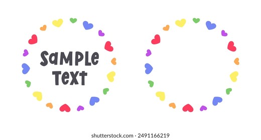 Round heart rainbow frame border. Valentines Day, Pride month flag concept. Vector flat illustration.