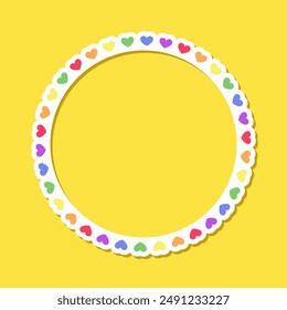 Round heart rainbow frame. Border template with copy space. Pride month flag concept. Vector flat illustration.