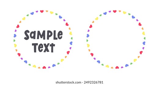 Round heart rainbow frame border. Valentines Day, Pride month flag concept. Vector flat illustration.