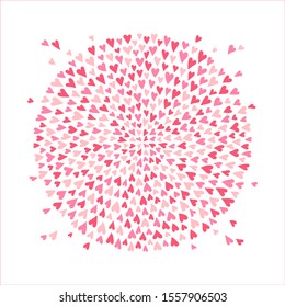 Round heart splash, splatter, spatter circle. Firework shape made of tiny various hand drawn cute scattering drops hearts. Valentines day, wedding, frame template, design element. Text background.