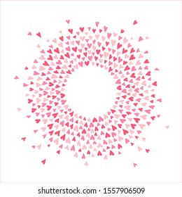 Round heart splash, splatter, spatter frame. Circle, ring shape made of tiny hand drawn cute confetti hearts. Valentines day, wedding, marriage radial template, design element. Greetings background.