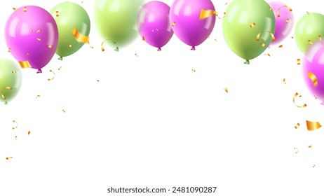 round helium balloon purple pink, green color isolated background. Festive element in realistic, carnival