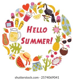 Round Hello Summer frame. Cute summer banner. Wreath tropical fruits, watermelon, pineapple, flowers, Toukan bird, cactus, beach stuff. Summer greeting card or poster.