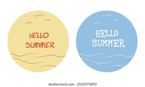 Round hello summer stickers, on a blue and yellow background, in a minimalistic style.