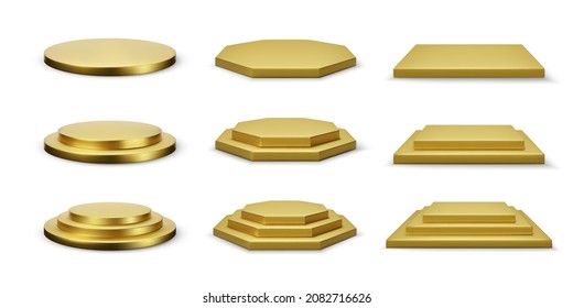 Round hexagonal and square gold stage collection isolated on white background. Vector illustration