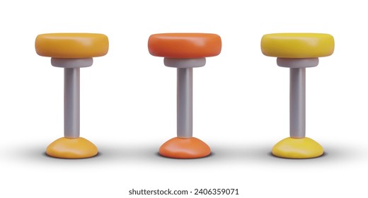 Round high backless chairs, front view. Set of options in different colors. Choice of fabric and leather upholstery. Illustrations for furniture store. Bar stool on metal leg
