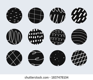 Round highlight covers set. Abstract backgrounds in Scandinavian style. Hand drawn shapes, spots, doodles, dots, lines. Contemporary social media stories templates for bloggers. Vector illustration