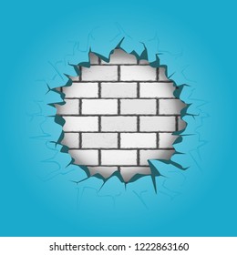 Round hole in the blue bricks wall. Broken brick architecture