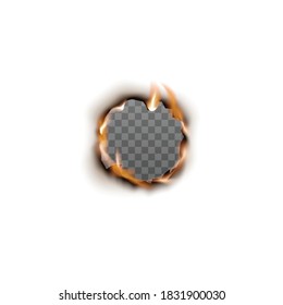 Round hole with burning edges and transparent empty inside - realistic frame with flaming hot fire on white background and burnt circle frame shape - vector illustration