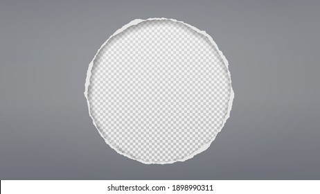Round hole composition in grey paper with torn edges and soft shadow is on transparent background. Vector illustration