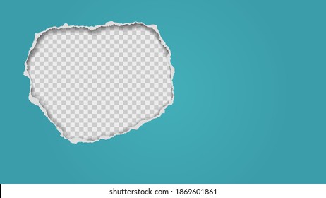 Round hole composition in turquoise paper with torn edges and soft shadow is on squared, transparent background. Vector illustration