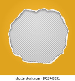 Round hole composition in yellow paper with torn edges and soft shadow is on squared, transparent background. Vector illustration