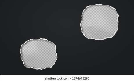 Round holes composition in black paper with torn edges and soft shadow are on transparent background. Vector illustration