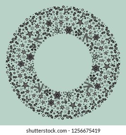 Round holiday Christmas black and white hand drawn frame in Scandinavian style. New Year ornaments and typographic design. Use for banner, greeting and Christmas card, postcard. Vector illustration.