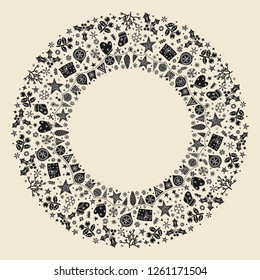 Round holiday Christmas black and white hand drawn frame in Scandinavian style. New Year ornaments and typographic design. Use for banner, greeting and Christmas card, postcard. Vector illustration.