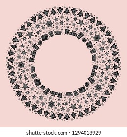 Round holiday Christmas black and white hand drawn frame in Scandinavian style. New Year ornaments and typographic design. Use for banner, greeting and Christmas card, postcard. Vector illustration.