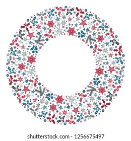 Round holiday Christmas colorful hand drawn frame in Scandinavian style. New Year ornaments and typographic design. Use for banner, greeting and Christmas card, postcard. Vector illustration.