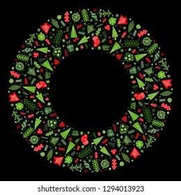 Round holiday Christmas colorful hand drawn frame in Scandinavian style. New Year ornaments and typographic design. Use for banner, greeting and Christmas card, postcard. Vector illustration.